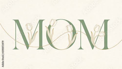 Elegant Mom Lettering Card with Gold Tulip Flowers – Minimalist Line Art Typography for Mother's Day, Greeting Cards and Luxury Branding Design Isolated on Paper Texture.
