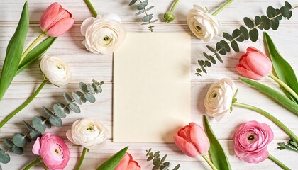 Spring Floral Flat Lay with Ranunculus and Tulips – Blank Greeting Card Mockup on White Wooden Background, Elegant Feminine Scene for Mother’s Day, Wedding Invitation, Easter and Branding Design.
