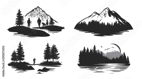 Black and white illustrations of mountain landscapes with silhouettes of trees, people, and bodies of water