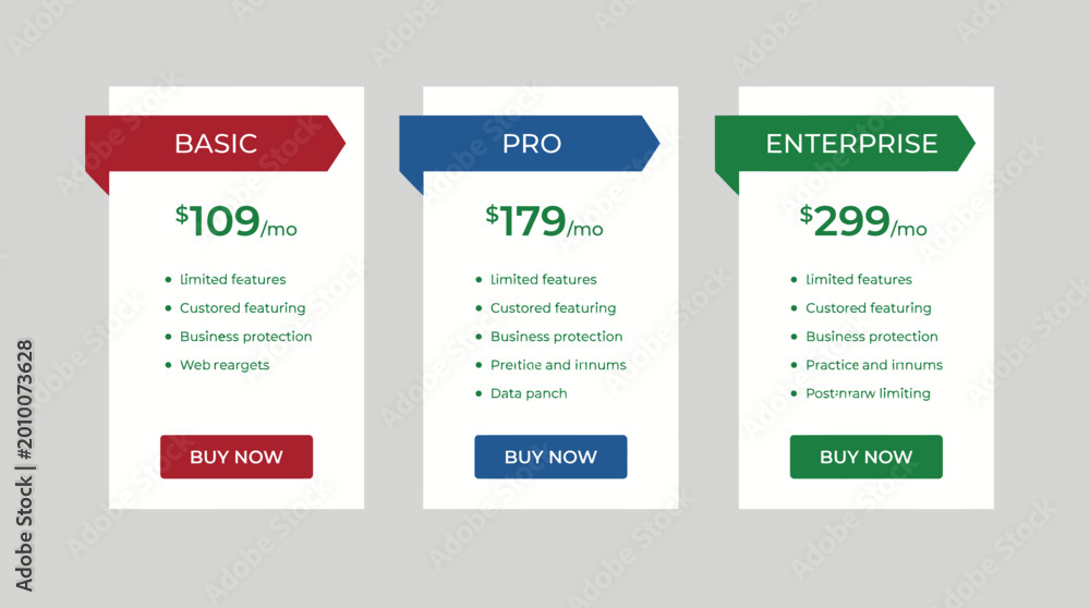 Obraz premium Three pricing plans comparison table for business services.