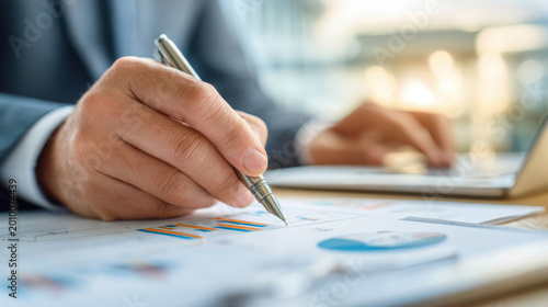 A person working on the financial analysis, with pen in hand, writing on a document. The image suggests business and finance work environment