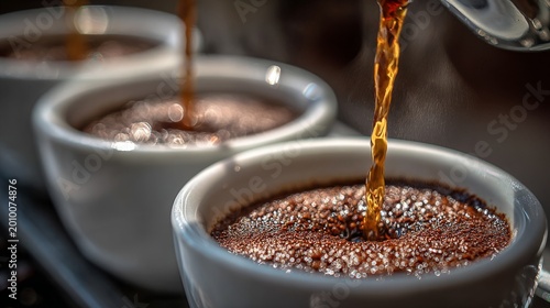 Close-up of coffee being poured into white ceramic cups, steaming, with blurred background