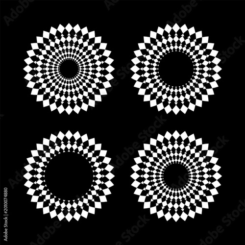 Set of White Symmetrical Radial Circle Design Elements on Black Background.