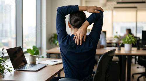 Man stretching in modern office space.