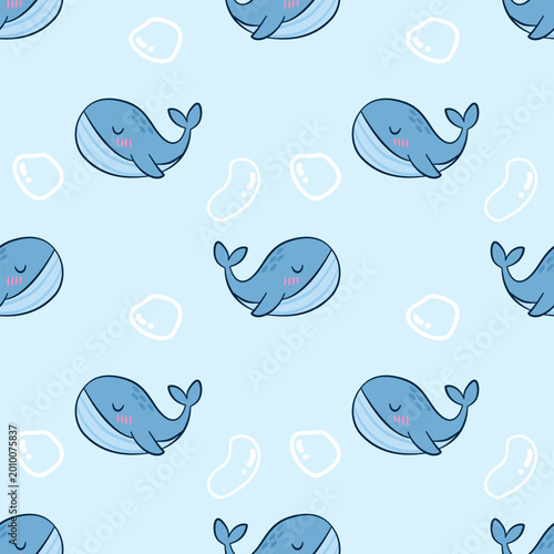 Cute Whale Seamless Pattern on Soft Blue Background in Kawaii Style