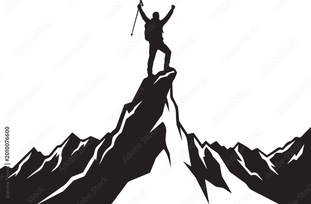 Fototapeta premium Victory, Mountain Climber, Silhouette, Adventure Icon, Black and White, Isolated