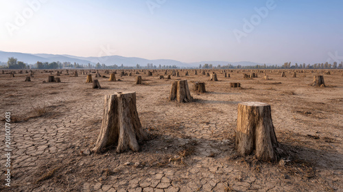 A deforested landscape featuring numerous tree stumps scattered across a barren field, under a hazy sky.