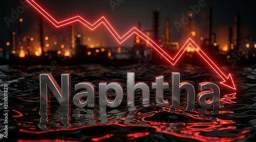 Industrial facility and naphtha economic decline represented by a falling red graph.