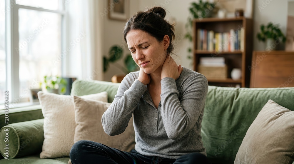 Fototapeta premium Young woman suffering from neck pain while sitting on a sofa at home.