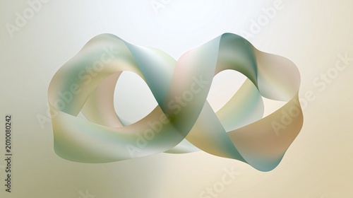 A smooth, flowing, ribbon-like abstract sculpture twists gracefully in soft pastel hues against a minimalist background.
