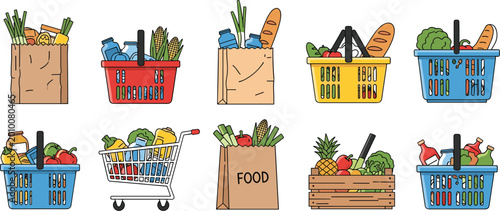 Colorful Grocery Shopping Baskets Bags Cart and Wooden Box Full of Fresh Food Vector Set