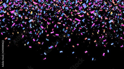 Colorful confetti is falling against a black background, creating a festive and celebratory atmosphere.