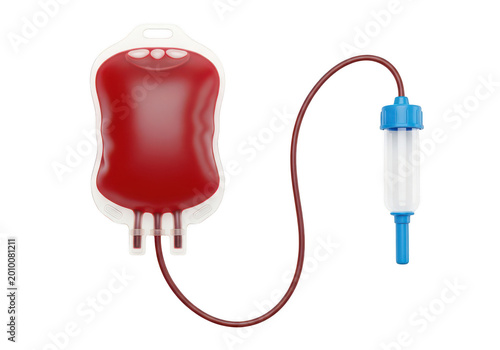 Blood collection bag with attached tube and needle isolated on transparent background