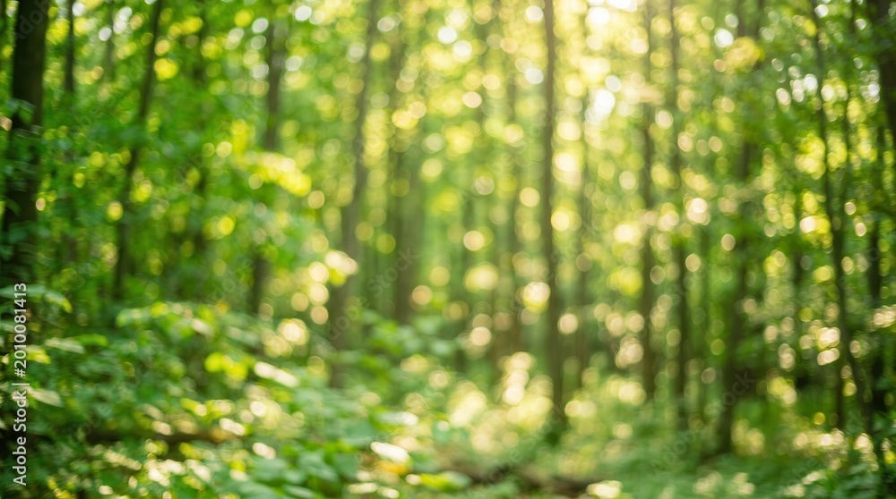 Obraz premium Natural green leaves with a beautiful bokeh background in a summer forest.
