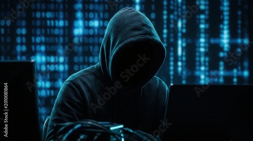 An anonymous hacker in a dark hoodie exploits social platforms to distribute scams and fake requests.