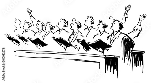 Εκτύπωση καμβά Church Choir Singers Group Sketch Illustration, People Singing Hymns in Religiou