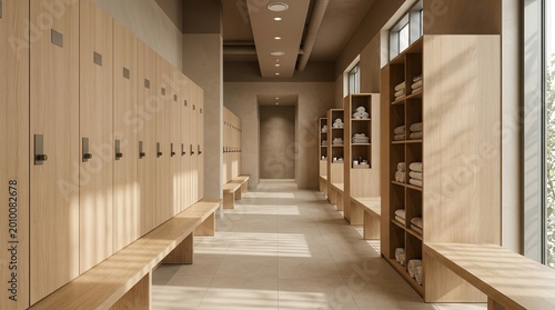 Minimalist empty changing room with wooden lockers and open cubby benches.