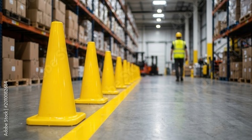 A worker in high-visibility attire walks past yellow safety cones in a bustling warehouse.
