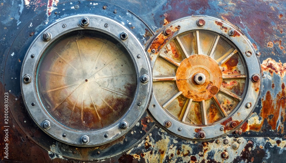 Obraz premium Close-up of two weathered, rusty industrial hatches on a ship or vessel.