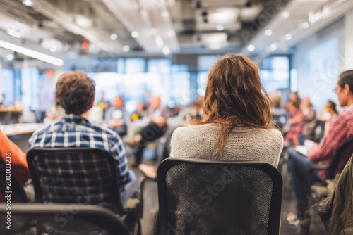 meeting - group of people sitting in chairs with their backs towards camera during an event, community workshop for business development and creativity concept with diverse group in conference room. 