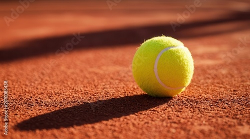 A yellow tennis ball casting a long shadow on a sunlit clay court.