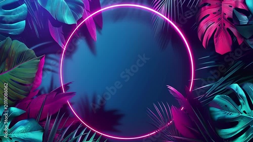 Vibrant tropical background with glowing pink neon circle and colorful palm leaves. Perfect for summer party design, club poster, fashion promo, and futuristic event visuals.