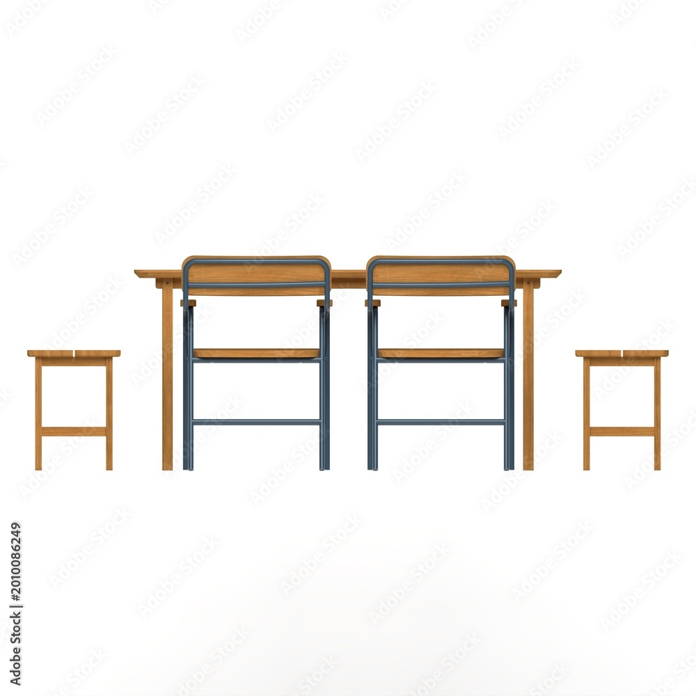 Fototapeta premium Front view of teak dining set with chairs and bench highlighting strong structure and warm finish.