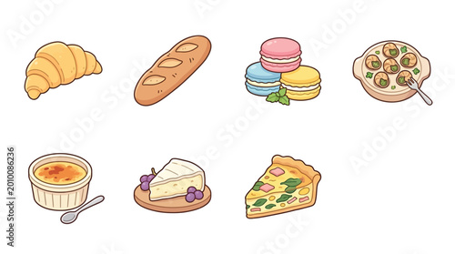 Tableau sur toile A collection of delicious French pastries and savory dishes, including croissants, baguettes, macarons, quiche, crème brûlée, cheese, and pizza