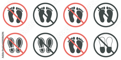 Bild auf Leinwand No barefoot entry sign, forbidden barefoot footprint icon, red circle safety war