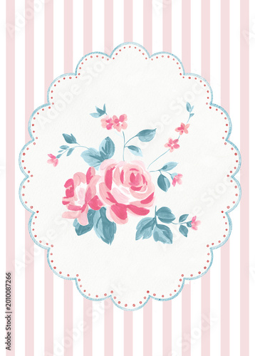 Vintage Floral Frame with Pink Roses, Romantic Shabby Chic Nursery Background, Hand Painted Gouache Style Bouquet, Elegant Feminine Design for Cards, Invitations and Branding