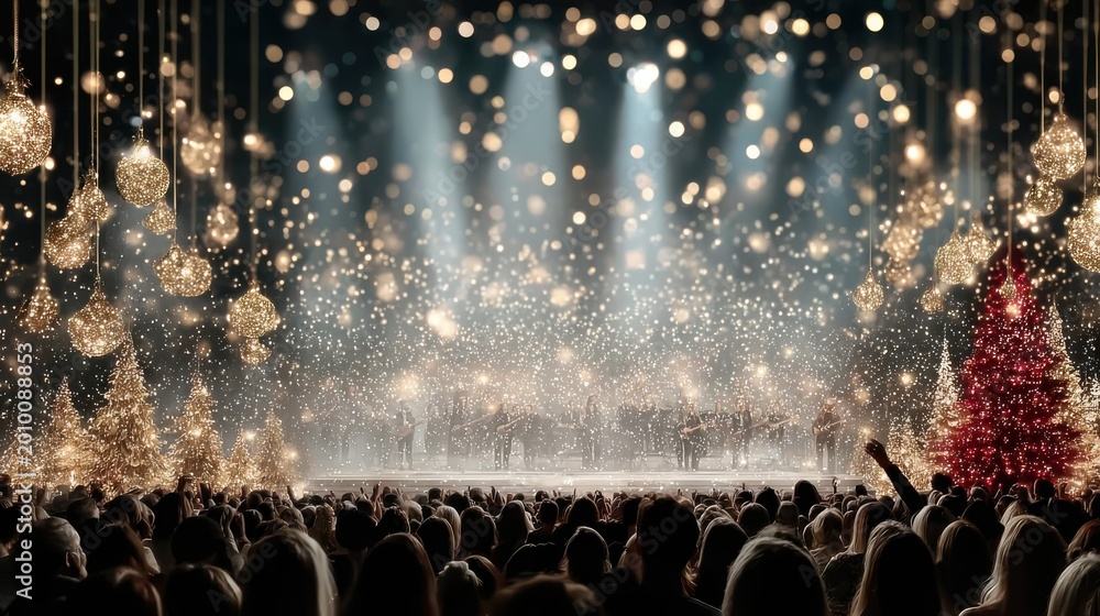 Fototapeta premium Blurred orchestra Christmas concert with elegant holiday ambiance.