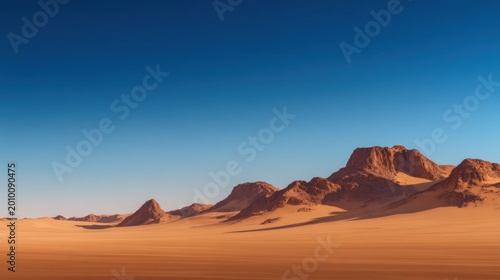 A vast desert landscape with rugged mountains under a clear blue sky blending into golden sands