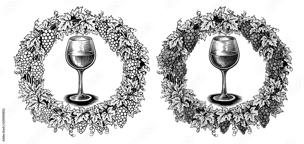 Fototapeta premium Glass with wine inside grapevine round wreath. Hand drawn sketch style. Suitable for wine labels, winery branding, distillery, cellar, refinery. Vector illustration isolated on white