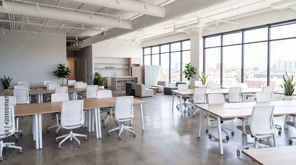 Fototapeta premium Modern Open Office with Break Area and Large Windows