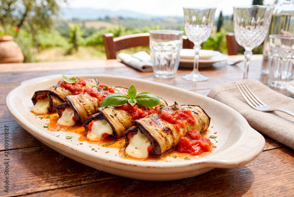 Obraz premium Baked eggplant rolls with mozzarella and tomato