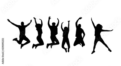 Fotografie People joyfully jumping in mid-air together isolated on transparent background,