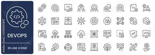 DevOps line icon set. Collection of software development, continuous integration, cloud infrastructure, deployment pipeline and automation monitoring outline vector symbols with editable stroke.