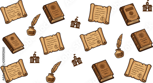 Cuadro en lienzo Vintage Educational Icons Featuring Books, Scrolls, Quills, Ink Bottles, and Sch