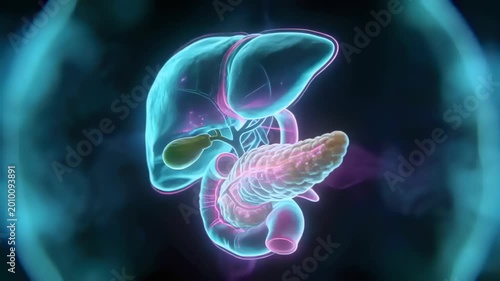 Pulsing anatomy model showing bile moving along ducts near liver, pancreas, duodenum in dark studio