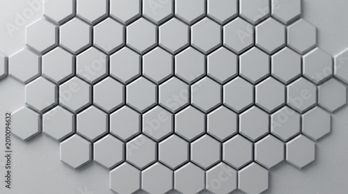 Gray hexagonal tiles in modern geometric pattern with subtle shadows on light gray background for architecture design