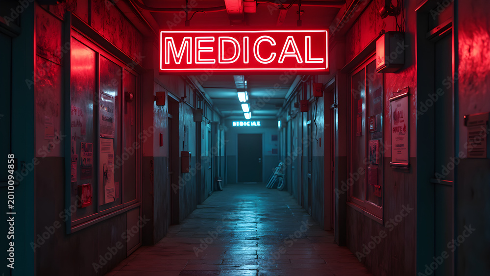 Fototapeta premium Neon-lit medical symbols in urban art. The intersection of healthcare and street culture. Visual representation of medical concepts. Exploring symbolism in modern medicine.