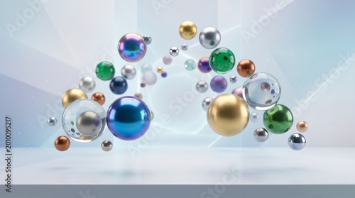 Colorful shiny spheres in floating motion on white background with modern futuristic lighting for business presentation