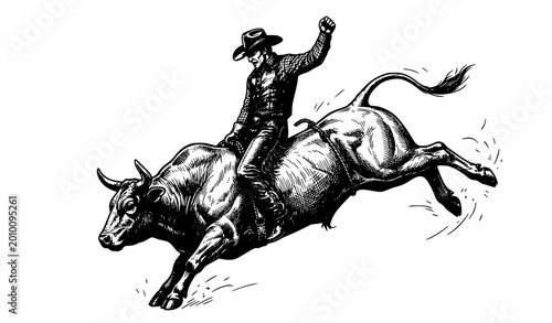 Foto Rodeo cowboy riding bucking bull monochrome vector illustration western action s