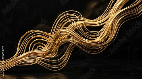 Golden light trails in abstract wavy motion with dark background in warm glowing lighting for decorative design