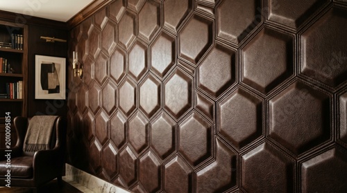 Dark brown honeycomb patterned wall in modern living room with leather armchair and bookshelf in warm cozy lighting for interior design