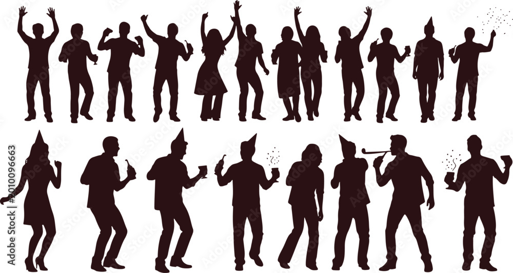 Fototapeta premium Group of people dancing and celebrating at a party, silhouettes on transparent background for events.
