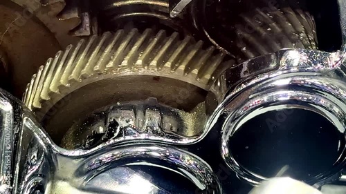 Close-up of internal mechanical engine parts and transmission gear assembly