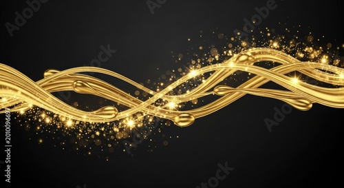 Abstract flowing liquid gold waves with sparkles on black background