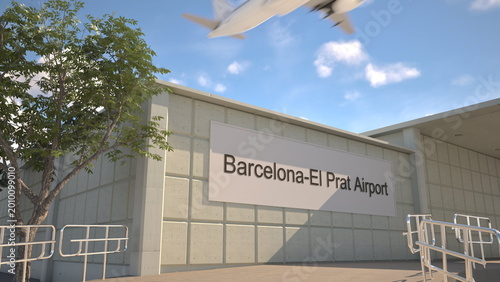 Photos Barcelona El Prat Airport entrance sign and airplane passing above on a summer d