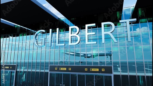 Airlane landing at Gilbert, USA. Arrival in the city with reflection of airport and aircraft